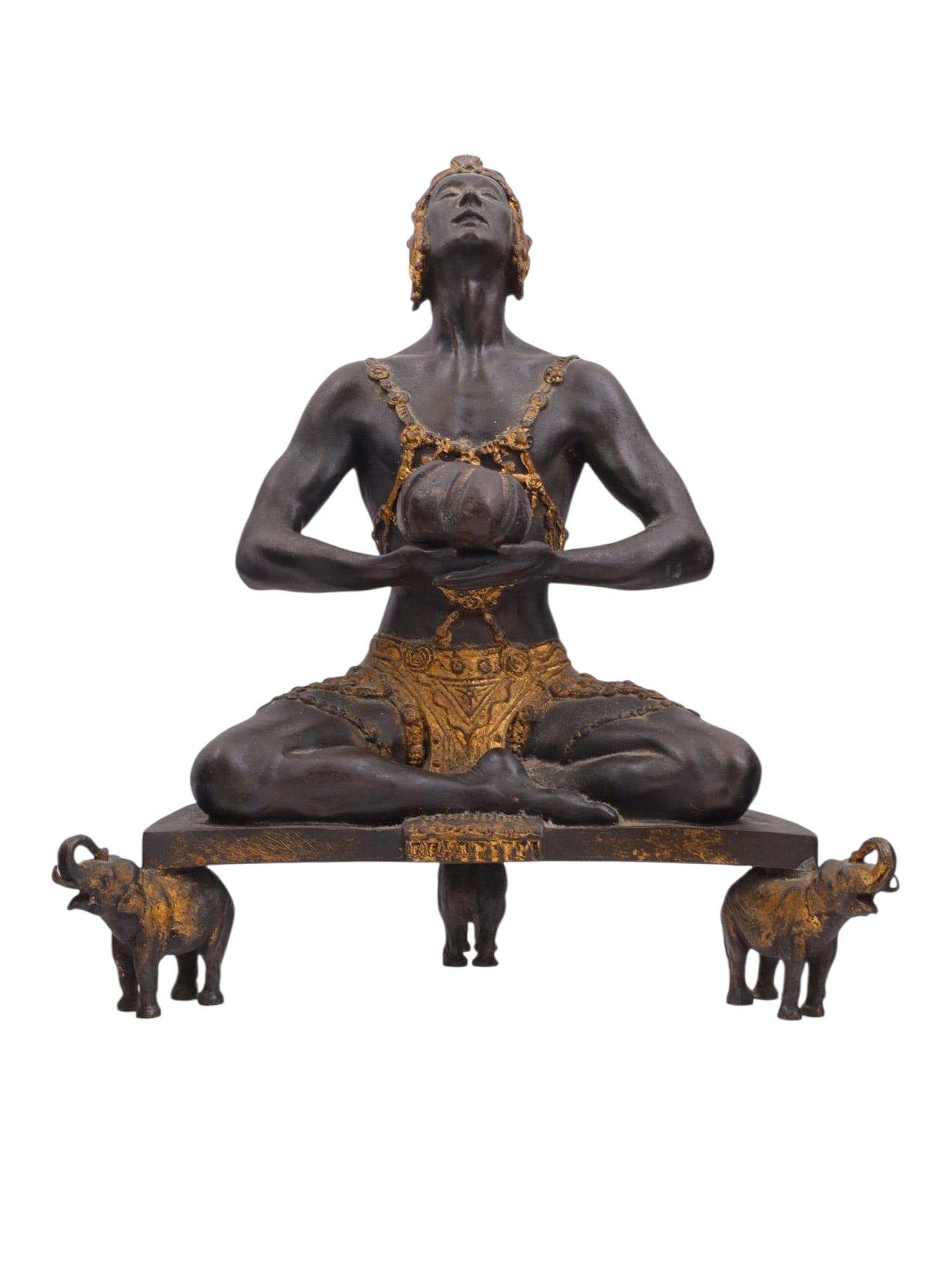 A BRONZE HINDU INCENSE BURNER BY MALVINA HOFFMAN, AMERICAN, 1920: Malvina Hoffman (American, 1887-1966), Hindu Incense Burner (Serge Oukrainsky) with attached incenser, 1920. Bronze with gilt application over black patina. Signed and dated on the left side of the pl