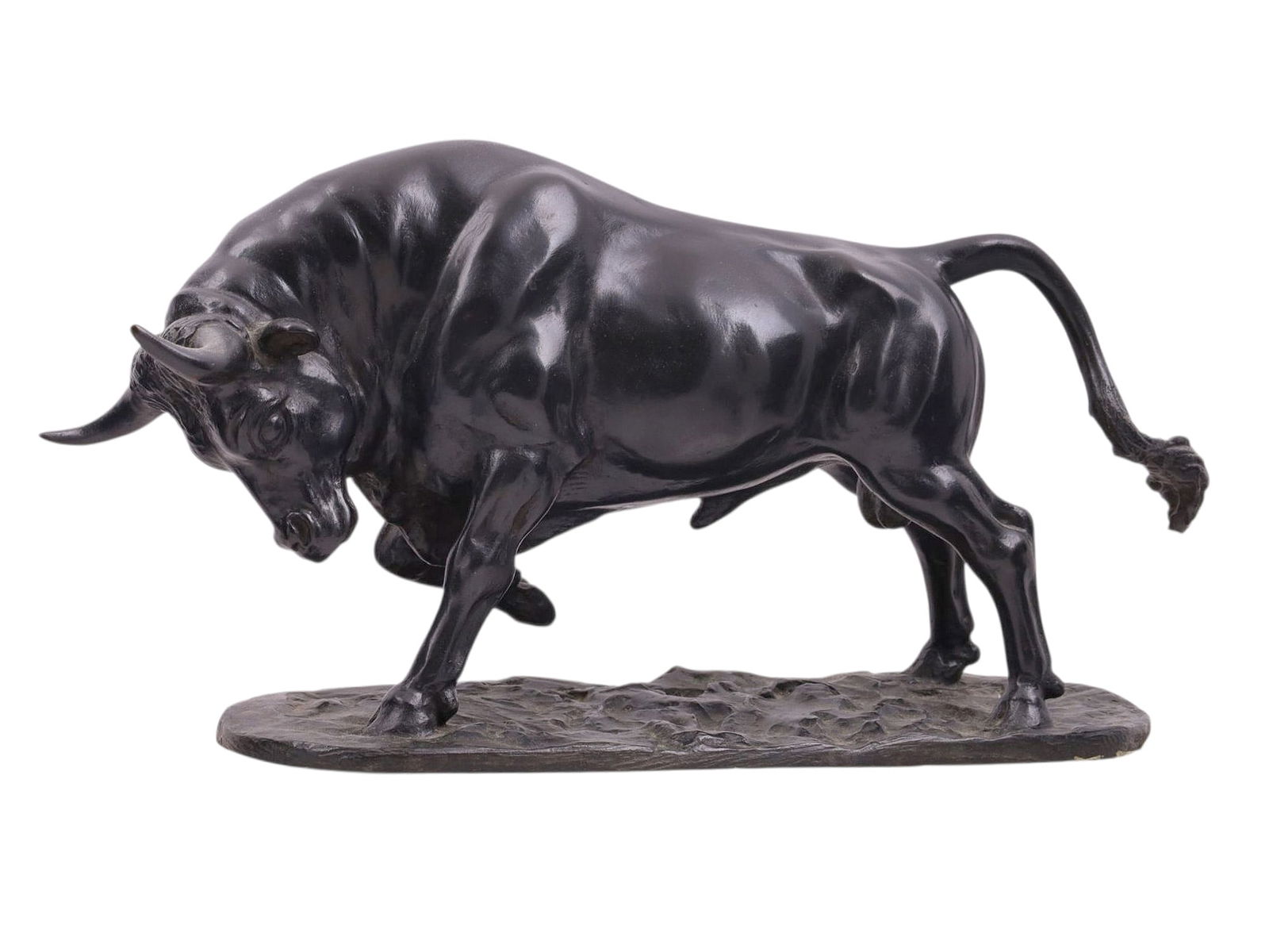 A BRONZE FIGURE OF A BULL BY MALVINA HOFFMAN, AMERICAN, 1953: Malvina Hoffman (American, 1887-1966), a patinated bronze sculpture "Charging Bull," 1953, edition 3/4, signed and dated on bronze base "Malvina Hoffman/1953", Bedi-Rassy Foundry (unmarked). Provenanc