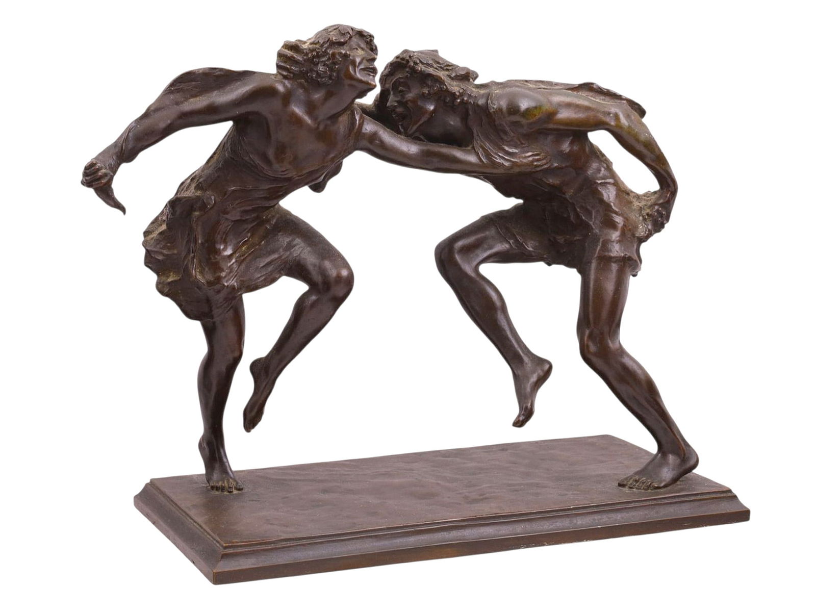MALVINA HOFFMAN (1885-1966) BRONZE "RUSSIAN DANCERS" INSCRIBED "MALVINA HOFFMAN 1911": A dynamic and expressive bronze sculpture by renowned American sculptor Malvina Hoffman, titled Russian Dancers, depicts two figures captured mid-leap in an energetic dance. The two dancers, clothed i