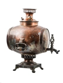 A RARE BARREL-SHAPED COPPER AND BRASS SAMOVAR, 19TH CENTURY