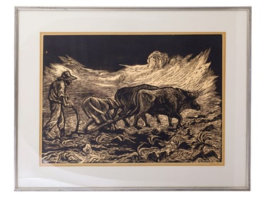 A LINOCUT PRINT BY ARTURO GARC?A BUSTOS CAMPESINOS MIXES, MEXICAN, 1956-1957