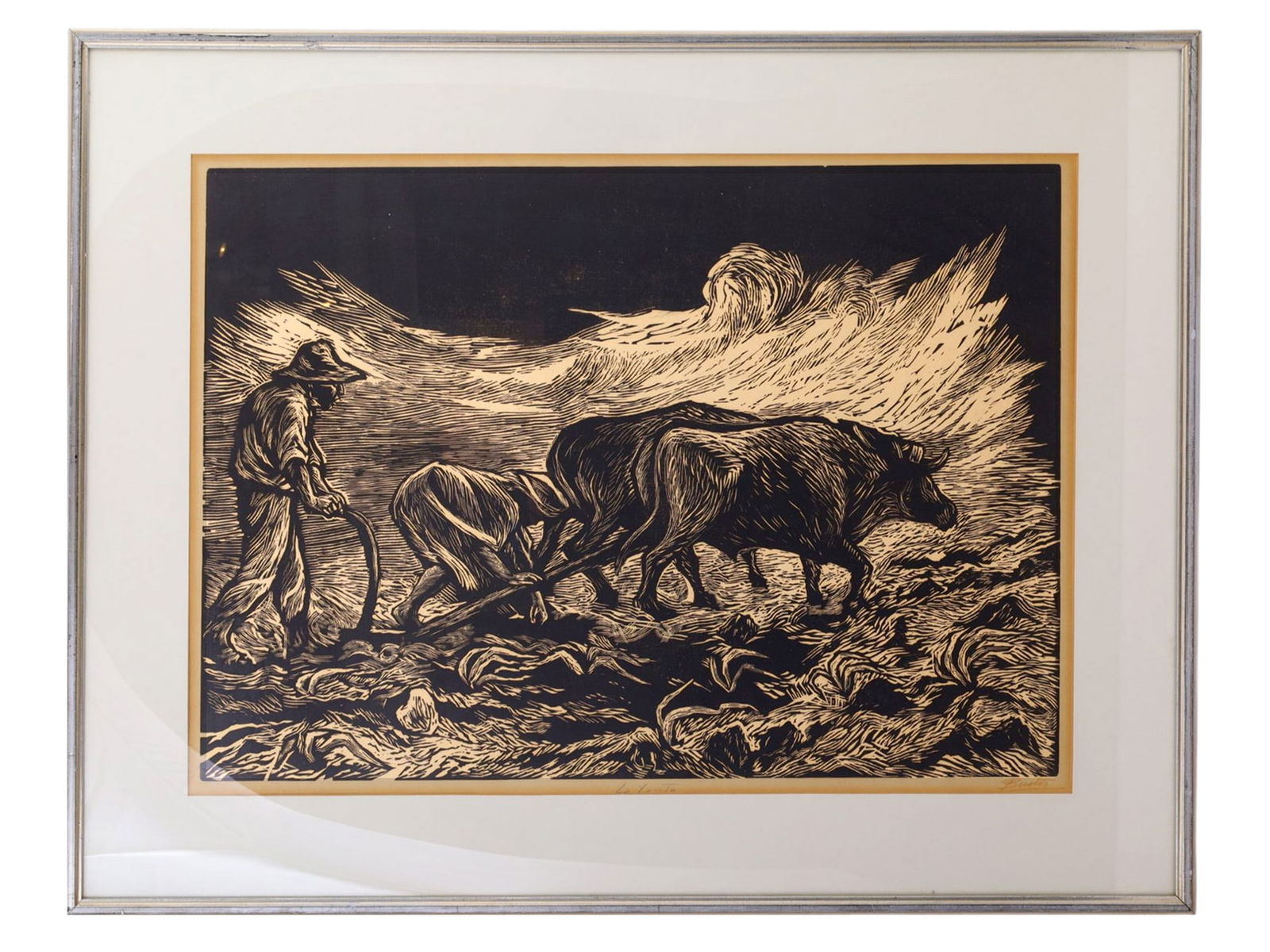 A LINOCUT PRINT BY ARTURO GARC?A BUSTOS CAMPESINOS MIXES, MEXICAN, 1956-1957 (1 of 4)