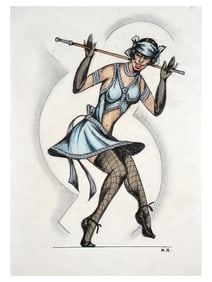 A RUSSIAN COSTUME DESIGN SKETCH DRAWING FOR A FEMALE CHARACTER, SIGNED