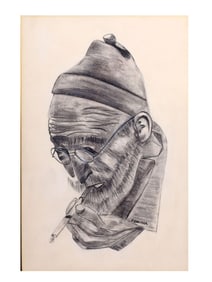 A CHARCOAL ON PAPER PORTRAIT OF AN ELDERLY MAN SMOKING, BY F. KARLHOLZ, MID-20TH CENTURY