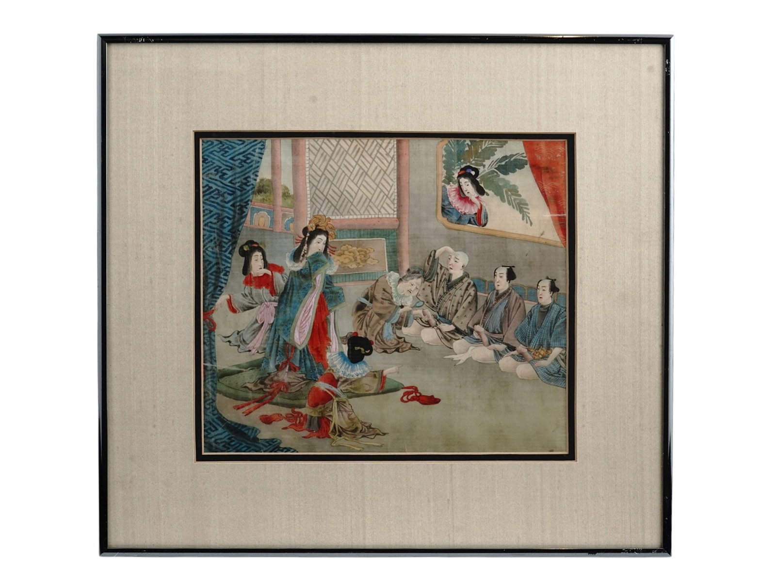 A JAPANESE MINIATURE PAINTING ON SILK OF A COURT SCENE, 19TH CEN.: Japanese miniature erotic "Shunga" painting on silk depicting a risque court scene. Matted, housed in a frame. Shunga is a type of Japanese erotic art that was heavily influenced by illustrations in C