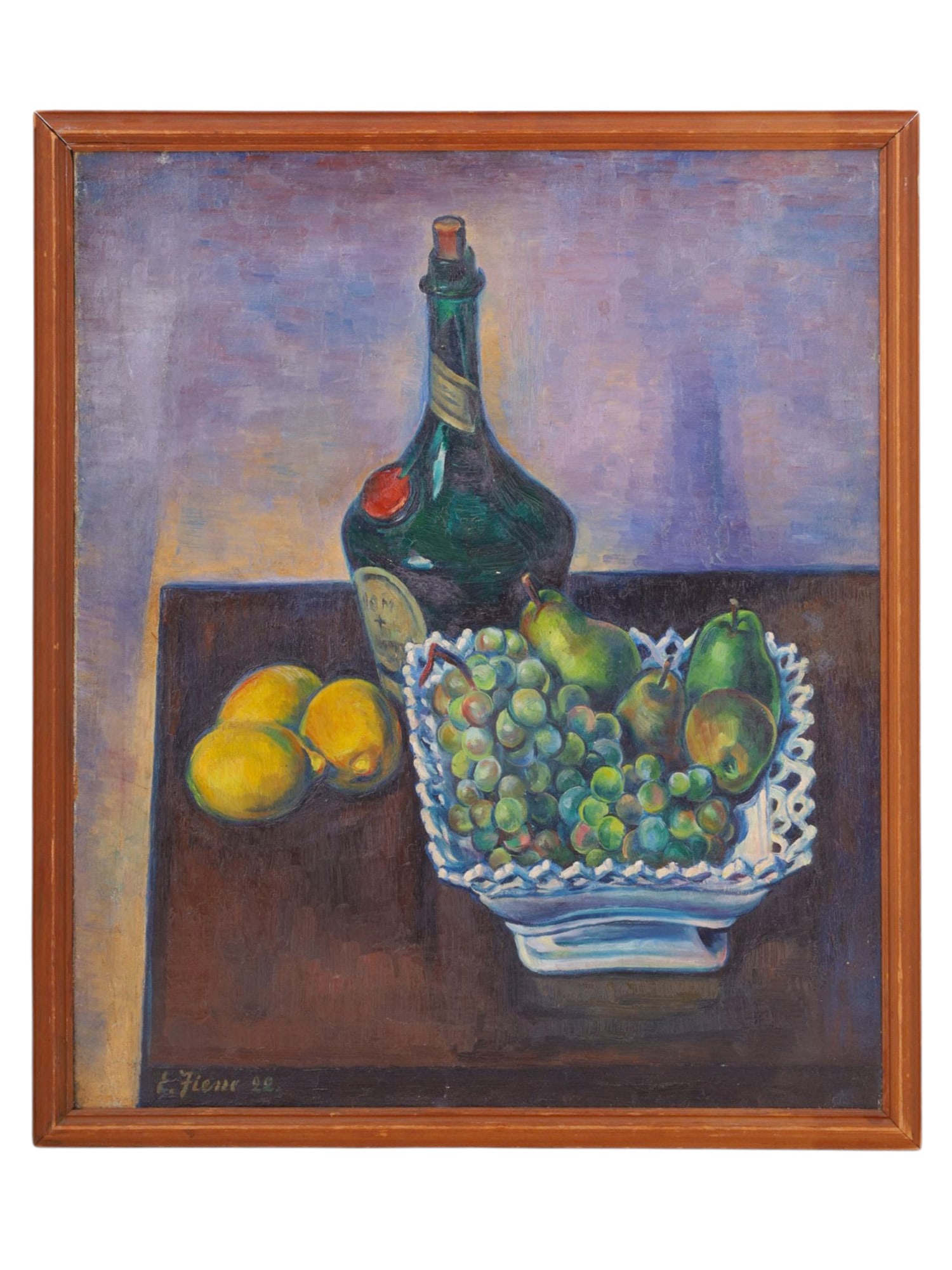 A STILL LIFE O/C PAINTING WITH BOTTLE AND FRUIT BY ERNEST FIENE (1894–1965): "Still Life with Bottle and Fruit" by Ernest Fiene (1894–1965), a notable American artist known for his modernist approach and skill in still life compositions. The bottom-left corner shows a clear