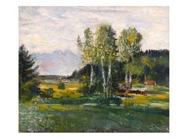 M. ALADJALOV OIL ON BOARD LANDSCAPE PAINTING, 1928