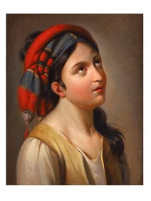 EUROPEAN SCHOOL, LATE 18TH CENTURY PORTRAIT OF A YOUNG WOMAN IN A RED HEADDRESS OIL ON CANVAS
