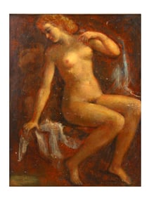 ADOLF GLUCKMANN OIL ON PANEL PAINTING SEATED NUDE WITH DRAPE