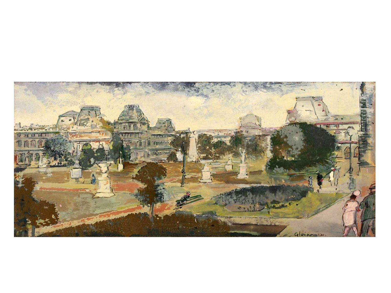 A GRIGORY GLUCKMANN, RUSSIAN, OIL ON PANEL PAINTING "JARDIN DES TUILERIES": Grigory Gluckmann (Russian, American, 1898 - 1973), an oil on panel painting "Jardin des Tuileries." Signed lower right. Bears a Papillion Gallery label verso. Housed in an original Art Nouveau gilded