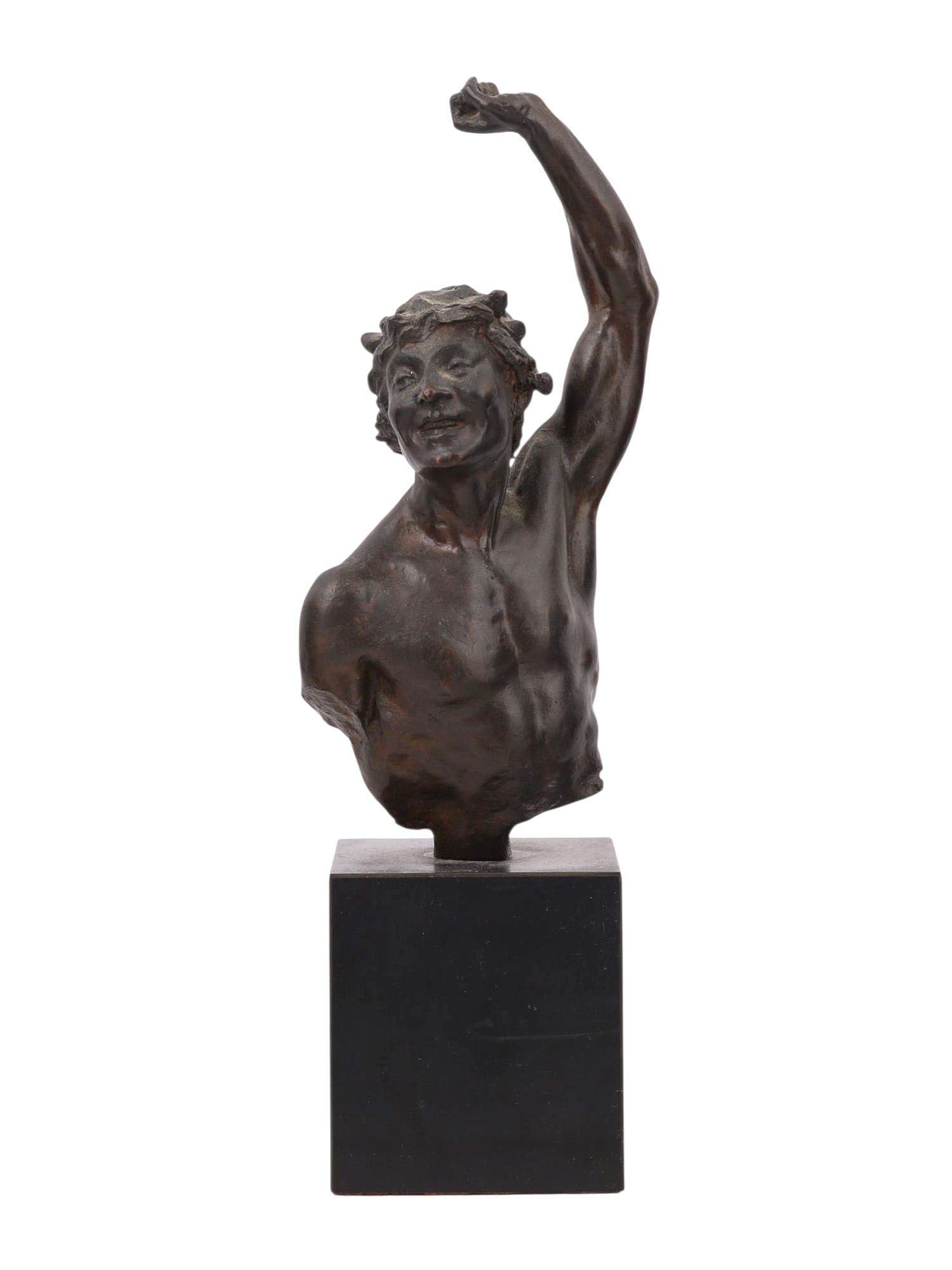 MALVINA CORNELL HOFFMAN (AMERICAN, 1887-1966) BUST OF A FAUN, POSSIBLY NIJINSKY: A finely cast bronze bust of a Faun, depicted with animated expression and an exuberant gesture, his right arm raised above his head and mouth curled in a mischievous smile. The musculature is sensiti