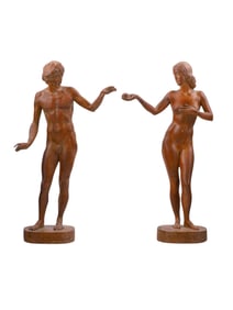A GLEB DERUJINSKY, RUSSIAN, AMERICAN, PAIR OF CARVED WOOD FIGURES OF ADAM AND EVE
