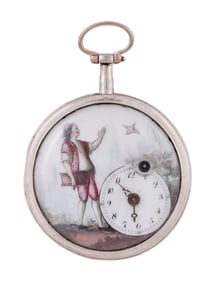 A SWISS SILVER POCKET WATCH WITH PAINTED ENAMEL BIRDING SCENE WITH KEY, 18TH CEN.