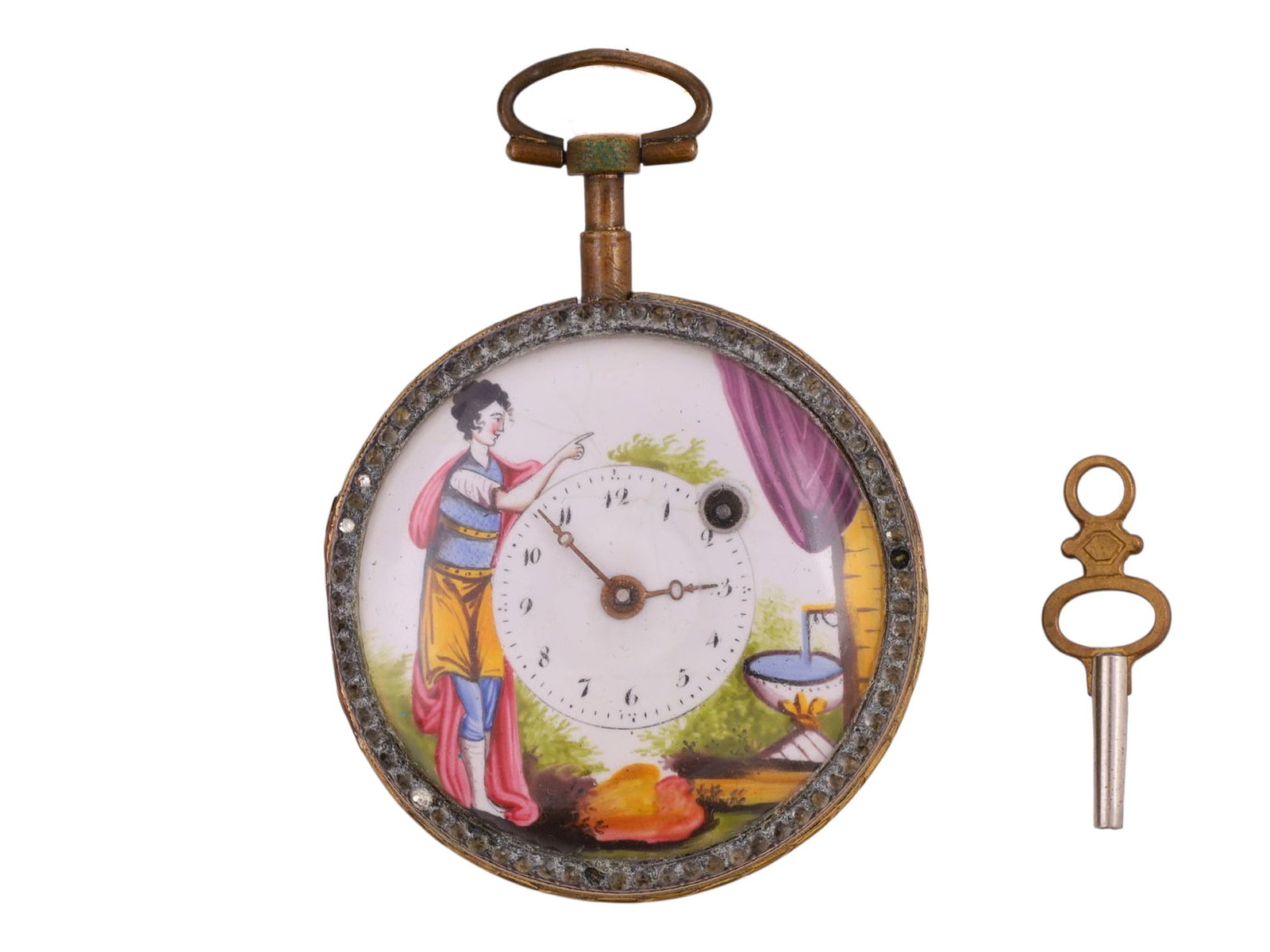 A LETON PATENTED PORCELAIN POCKET WATCH: A LETON PATENTED ENAMELED PORCELAIN DIAL POCKET WATCH, 19TH CENTURY. Of circular form, the watch features a hand-painted enamel dial depicting a classical figure in brightly enameled costume, gesturin