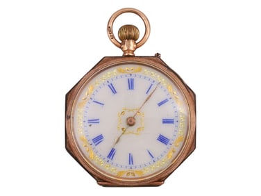 A SWISS 9CT GOLD OCTAGONAL ENAMEL POCKET WATCH, LATE 19TH / EARLY 20TH CENTURY