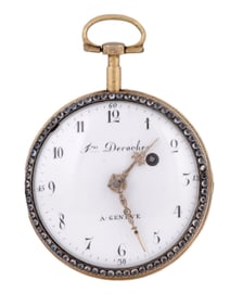 A DE ROCHES BROTHERS (CA. 1720–1775) GILT SWISS POCKET WATCH WITH PAINTED LOVE SCENE, W/ KEY, 18TH