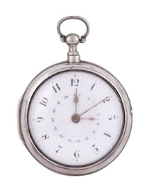 AN ENGLISH SILVER POCKET WATCH W/ KEY, SAMUEL MOGINIE-PIMLICO, C. 1830