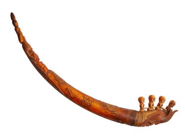 A PAPUA NEW GUINEA SEPIK RIVER REGION CARVED WOODEN HORN, WITH ANCESTRAL FIGURES