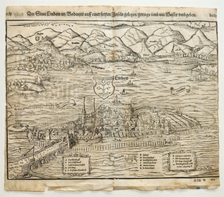 1572 LINDAU GERMANY MAP FROM SEBASTIAN MUNSTER COSMOGRAPHY ANTIQUE