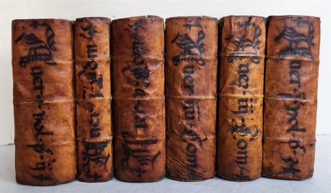 1574 ARISTOTLE 6 VOLS SET ILLUSTRATED ANTIQUE VELLUM BINDINGS MANUSCRIPT SPINES