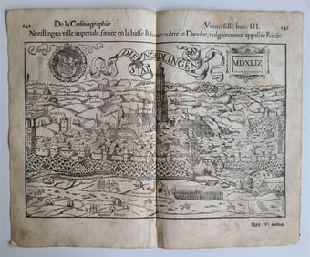 1575 NORDLINGEN GERMANY LEAF BELLEFOREST EDITION OF MUNSTER COSMOGRAPHY ANTIQUE