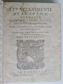 1591 I TRATTENIMENTI DI SCIPION BARGAGLI ANTIQUE 16TH CENTURY IN ITALIAN