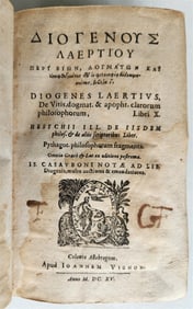 1615 LIVES OF GREEK PHILOSOPHERS BY DIOGENES LAERTIUS ANTIQUE VELLUM BOUND