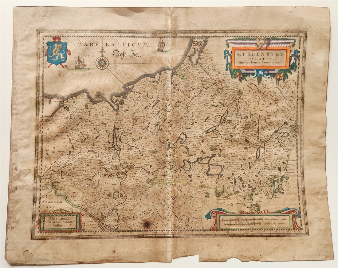 1630S MAP OF MECKLENBURG GERMANY ANTIQUE: Meklenburg Ducatus c. 1630 Size 14 by 18.5 inches (with margins 17.5 by 22 inches) wear , some damages to the margins, spots, tears repaired with archival tape. A remarkable collectible, offering hist