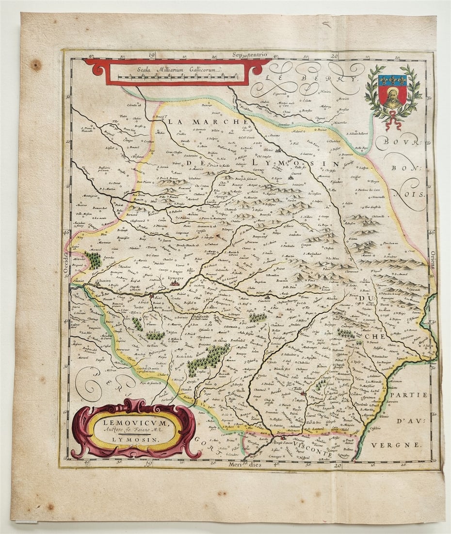 1634 MAP OF LEMOVICUM LYMOSIN FRANCE ANTIQUE: LEMOVICUM auctore Jo. Faiano M.L. LYMOSIN [Amsterdam: William Blaeu; 1634] from Topographia Limaniae Auctore Gabriele Simeoneo Size 15 by 18 inches Trimmed right margin. A remarkable collectible, offe