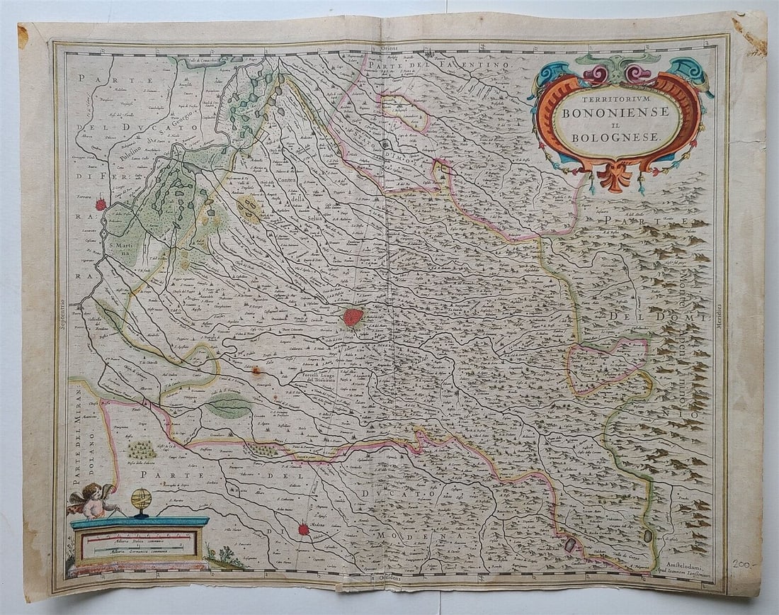 1641 MAP OF ITALY ANTIQUE AUTHENTIC TERRITORIUM BONONIENSE IL BOLOGNESE ORIGINAL: TERRITORIUM BONONIENSE IL BOLOGNESE From: "Nouveau Theatre du Monde ou Nouvel Atlas comprenant Les Tables et Descriptions de toutes les Regions de la Terre. " Amsterdam, H. Hondius, 1641. (Van der Kro