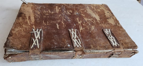 16TH-17TH CENTURY LARGE FOLIO BINDING ANTIQUE LEATHER 12.5 BY 18 INCHES