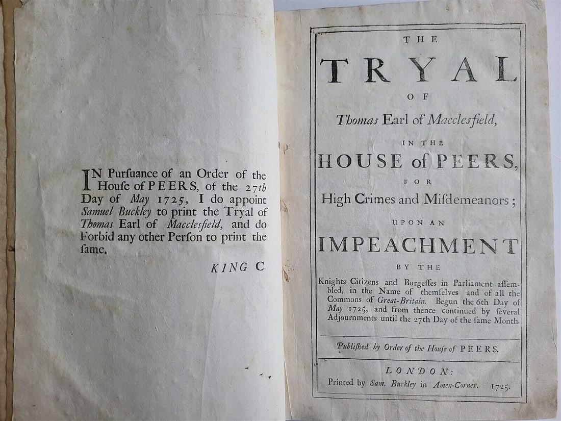 1725 ENGLISH LAW BOOK TRYAL OF THOMAS EARL OF MACCLESFIELD ANTIQUE FOLIO