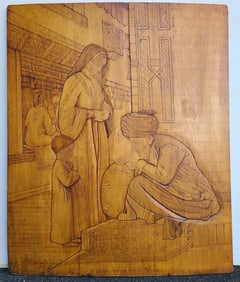 CENTRAL ASIA SCENE HAND CARVED ON LARGE WOOD PANEL VINTAGE ISLAMIC ARABIC 34X42"