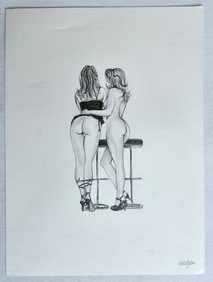 ILLUSTRATION ART FEMALE COUPLE PENCIL DRAWING VINTAGE SIGNED