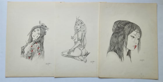 ILLUSTRATION ART GIRL MODEL LOT OF 3 PENCIL DRAWINGS VINTAGE SIGNED