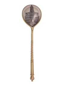 A RUSSIAN KHLEBNIKOV GILT-SILVER AND NIELLO SPOON, 1888