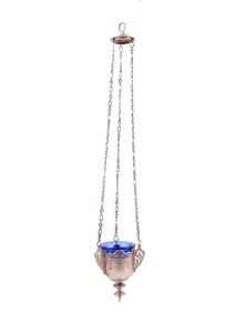 A RUSSIAN ORTHODOX SILVER CHURCH LAMP WITH A GLASS INSERT