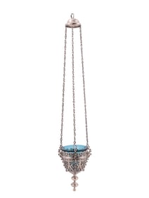A RUSSIAN SILVER AND GLASS HANGING VIGIL LAMP WITH A GLASS INSERT