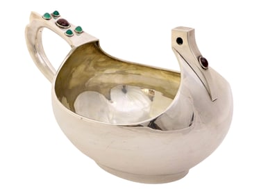 A VERY LARGE RUSSIAN PARCEL GILT-SILVER KOVSH SET WITH CABOCHONS