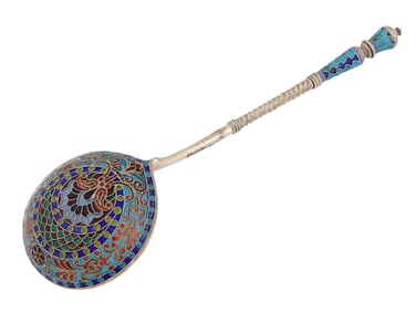 LARGE RUSSIAN PLIQUE-A-JOUR ENAMEL SPOON, 1891