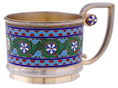 RUSSIAN SILVER ENAMEL TEA GLASS HOLDER, 1882-1899