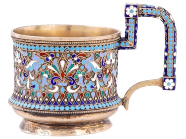 RUSSIAN SILVER ENAMEL TEA GLASS HOLDER, 1882-1899