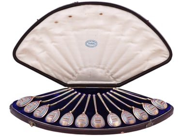 RUSSIAN SET OF 12 SILVER AND ENAMEL SPOONS, 1884