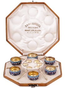 RUSSIAN SILVER ENAMEL SALT CELLAR SET, 1882-99