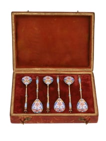 SIX RUSSIAN ENAMEL SPOONS, F. RUCKERT, 1899-1908
