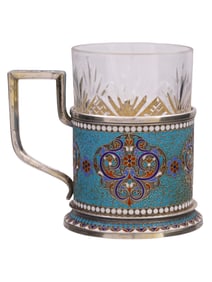 RUSSIAN SILVER AND ENAMEL TEA GLASS HOLDER, 1895