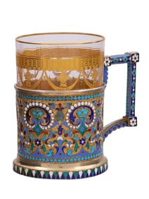 RUSSIAN SILVER AND ENAMEL TEA GLASS HOLDER, 1896