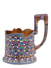 RUSSIAN SILVER AND ENAMEL GLASS HOLDER, 1908-17