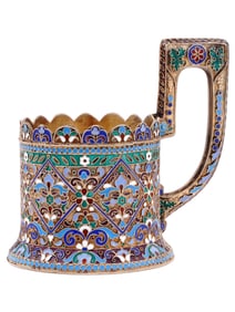 RUSSIAN SILVER AND ENAMEL GLASS HOLDER, 1908-1917