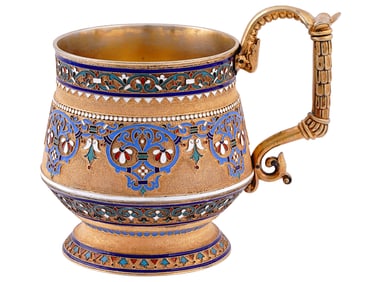 RUSSIAN SILVER AND ENAMEL TEA GLASS HOLDER, 1887